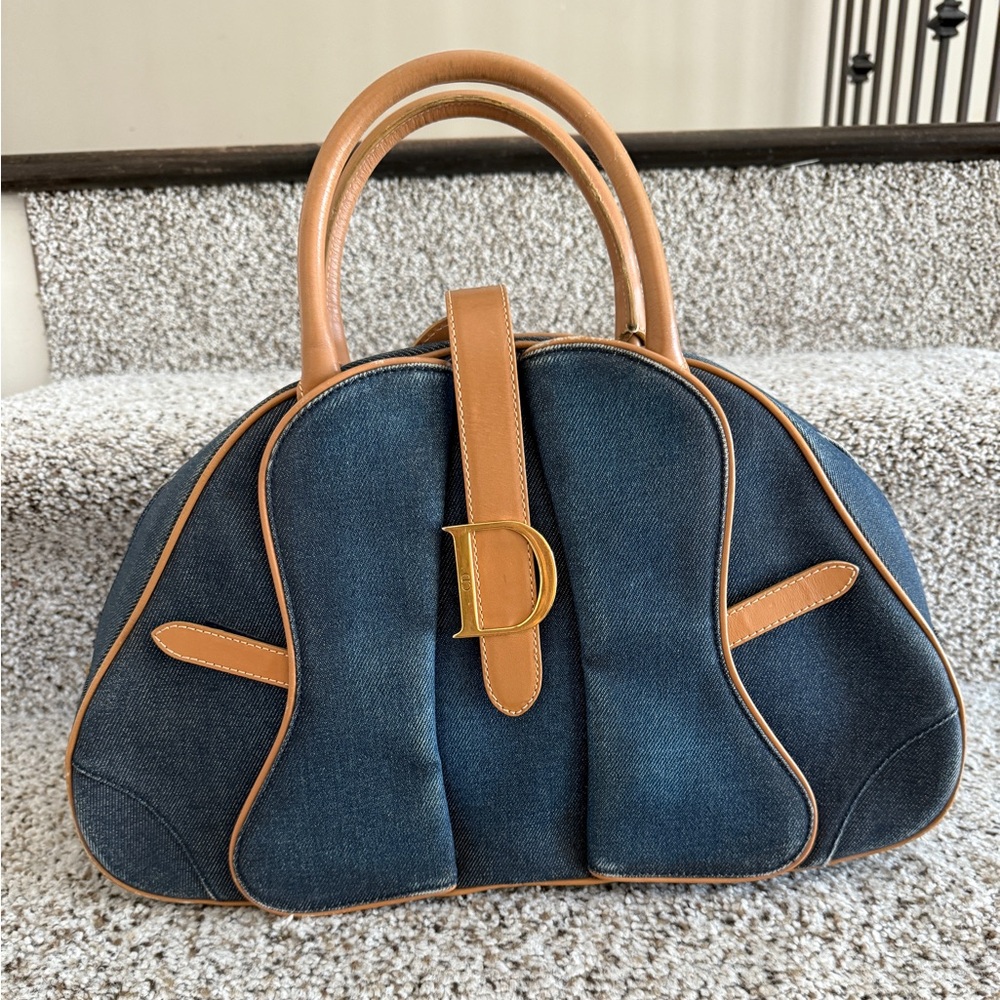 Dior Vintage Denim Saddle Bowler Bag, dark wash, large size
